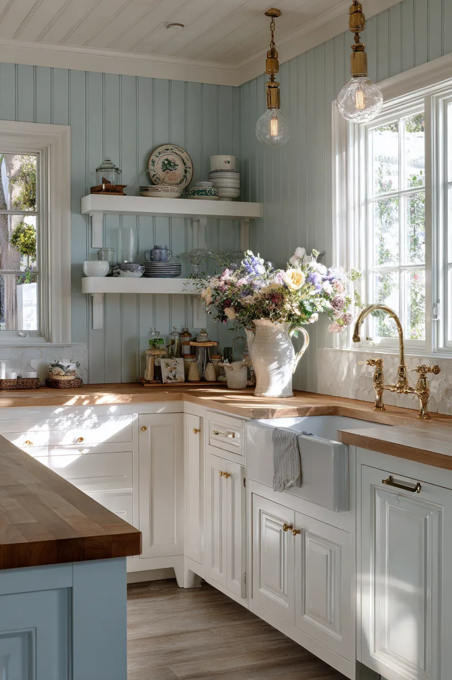 Charming cottage kitchen with dusty blue cabinets, butcher block counters, and a vintage floral rug.