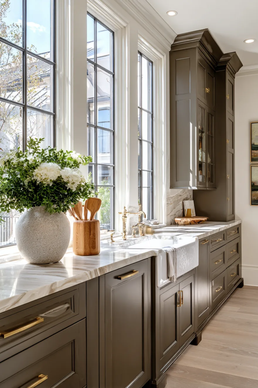 Deep darker taupe shaker kitchen cabinets featuring intricate crown molding reaching the ceiling white countertops and traditional brass pulls.