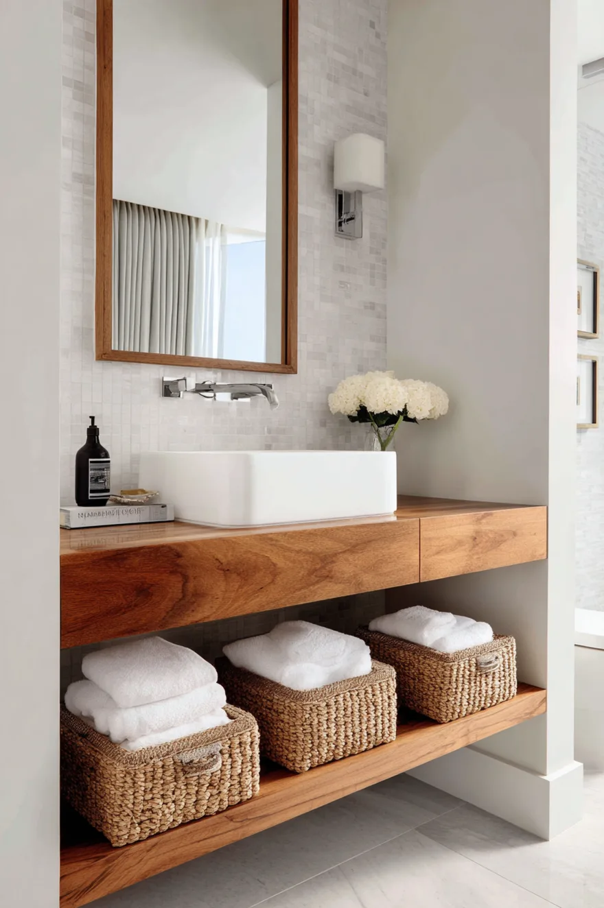 A light wood floating bathroom vanity with an integrated sink and black faucet, featuring an open bottom shelf holding a large woven basket with towels, under a round rattan mirror.