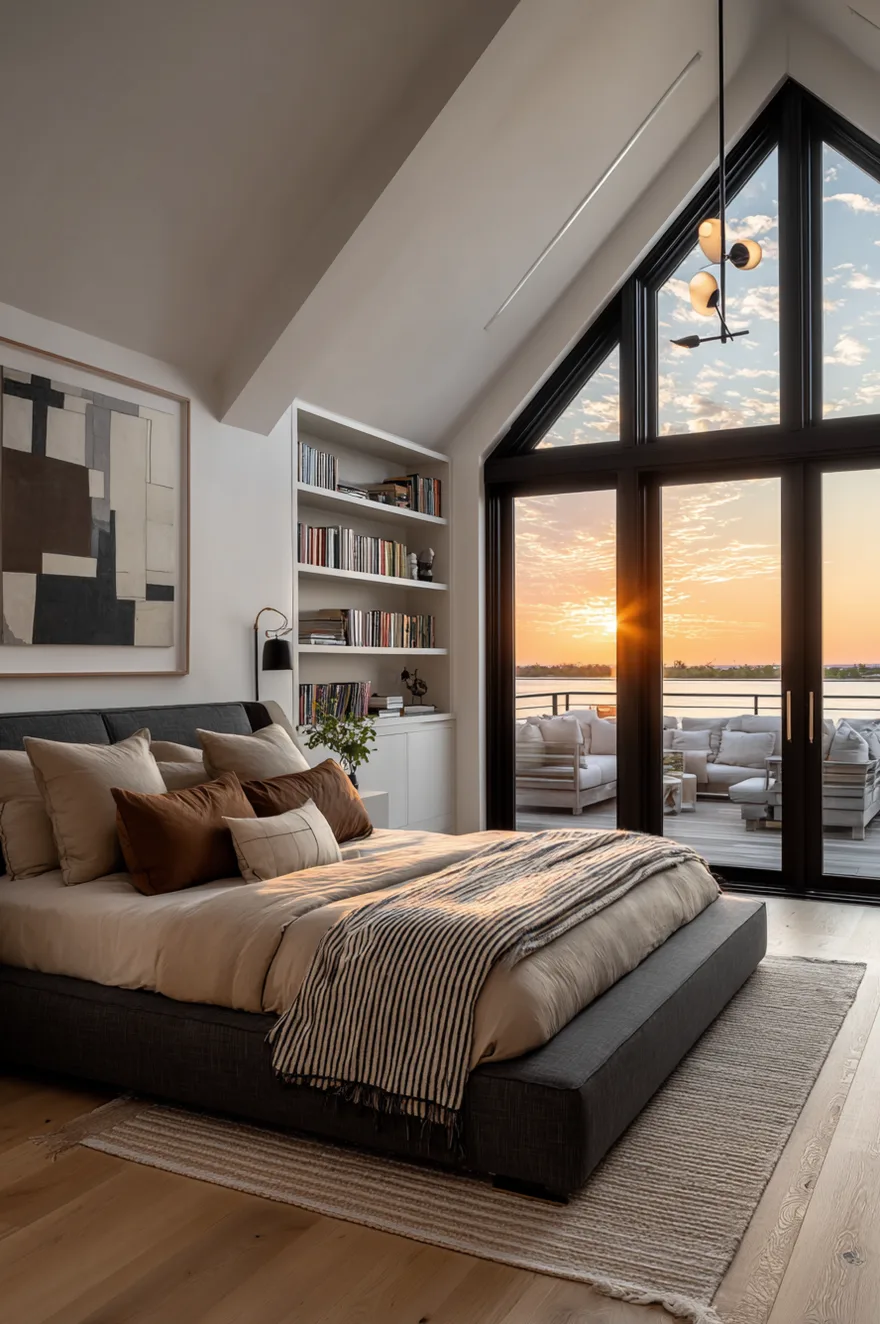 A modern attic bedroom featuring a high vaulted ceiling and a massive floor-to-ceiling black-framed window overlooking a sunset over water. A bed with neutral and rust pillows sits next to a white built-in bookshelf.