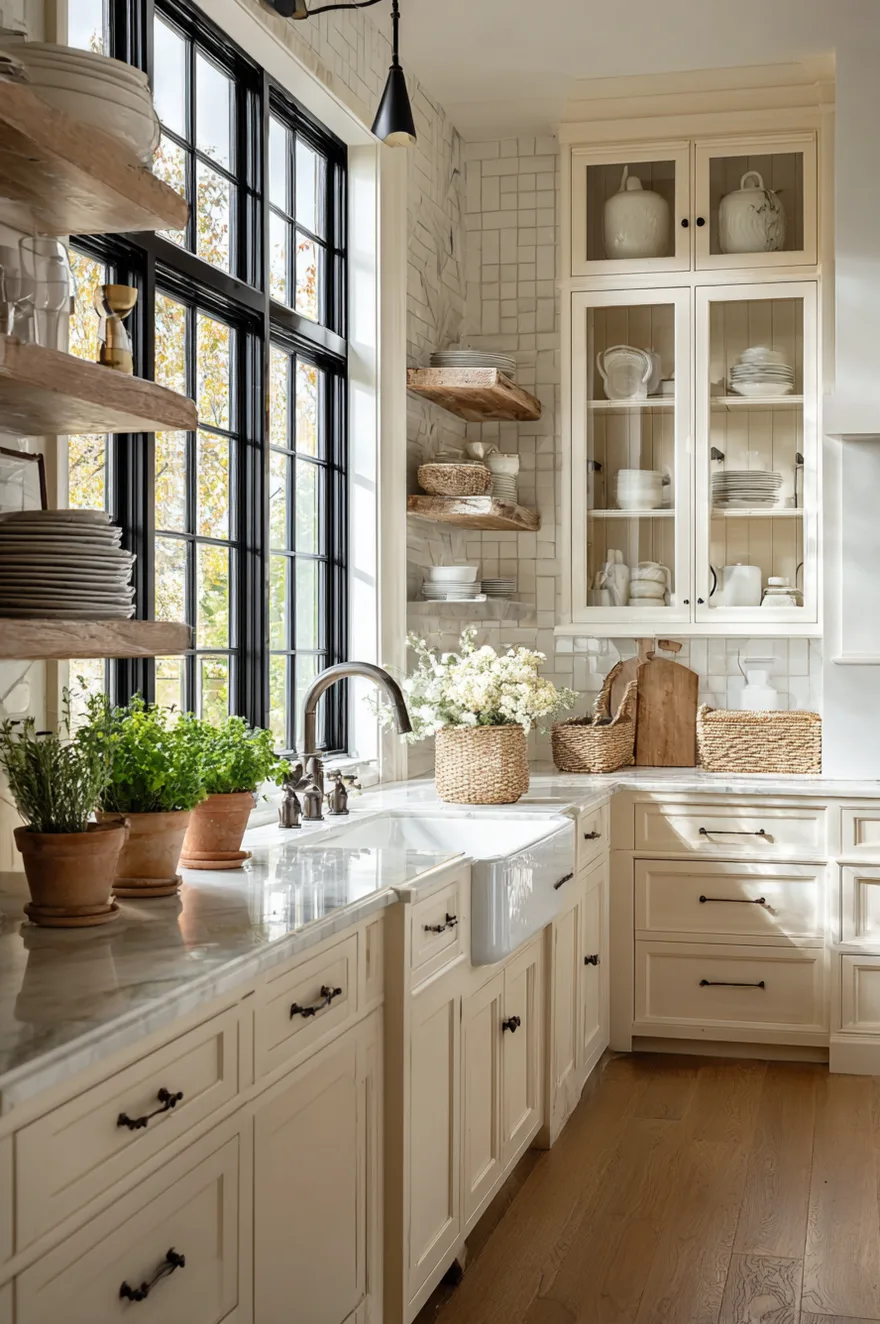 White shaker kitchen cabinets featuring glass-front upper doors displaying white dishware, paired with a white apron sink, marble countertops, and light wood open shelving next to a large black-framed window.
