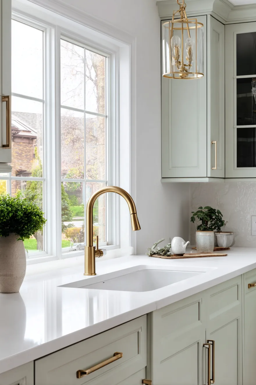 White undermount sink with a brushed brass pull-down faucet, set into white countertops alongside light sage green cabinets with brass hardware, next to a large window.