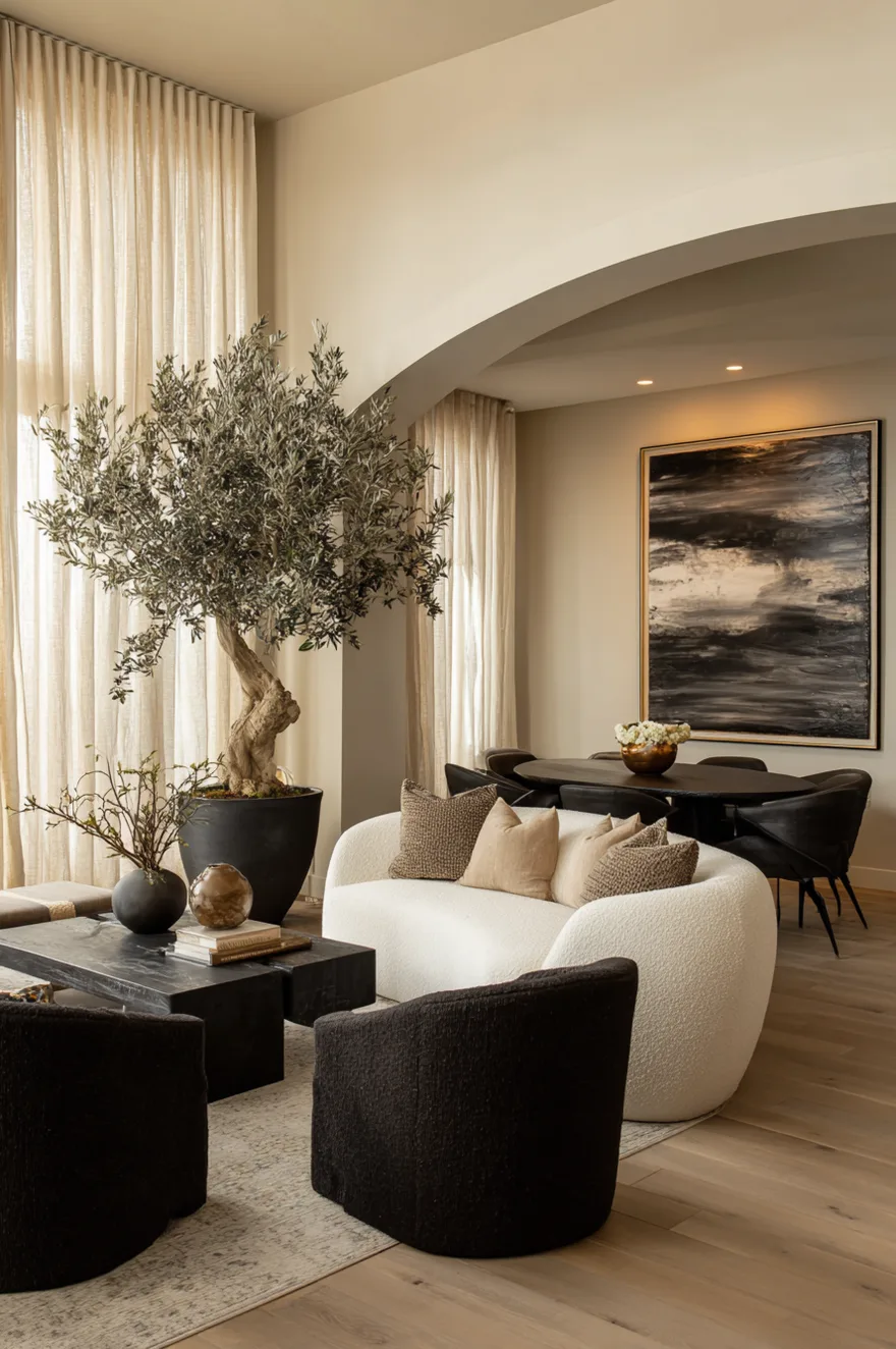 A sophisticated living space with a large indoor olive tree next to a white curved sofa and dark armchairs, with an archway leading to a dark oval dining table and large abstract painting.