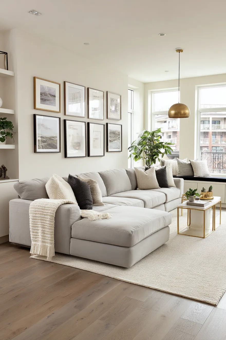Modern light grey sectional sofa styled with black and cream pillows and a white knit blanket, placed near a gold marble coffee table, a brass pendant light, and a large gallery wall.