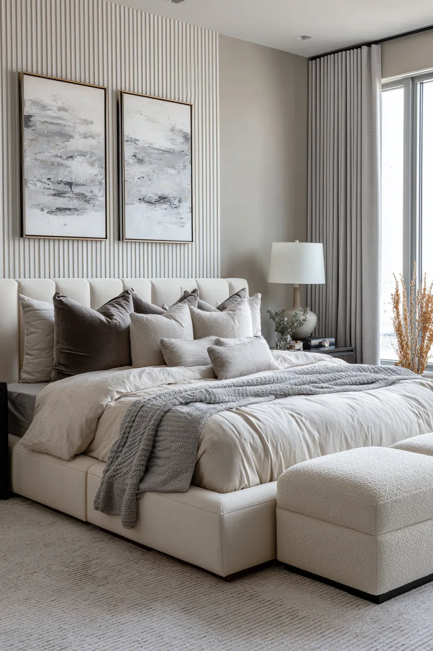 A sophisticated bedroom featuring a white tufted headboard, a bed layered with cream, grey, and deep brown velvet pillows, a chunky grey throw, and two white boucle ottomans.