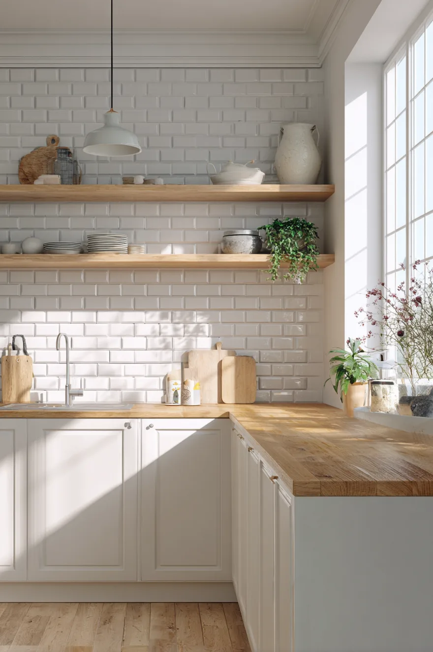 White subway tile backsplash with wooden open shelves and butcher block countertops.