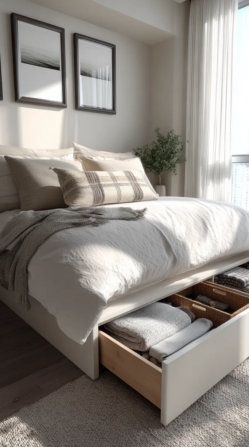 White wooden bed frame with a built-in under-bed storage drawer pulled open to reveal folded blankets and woven baskets.