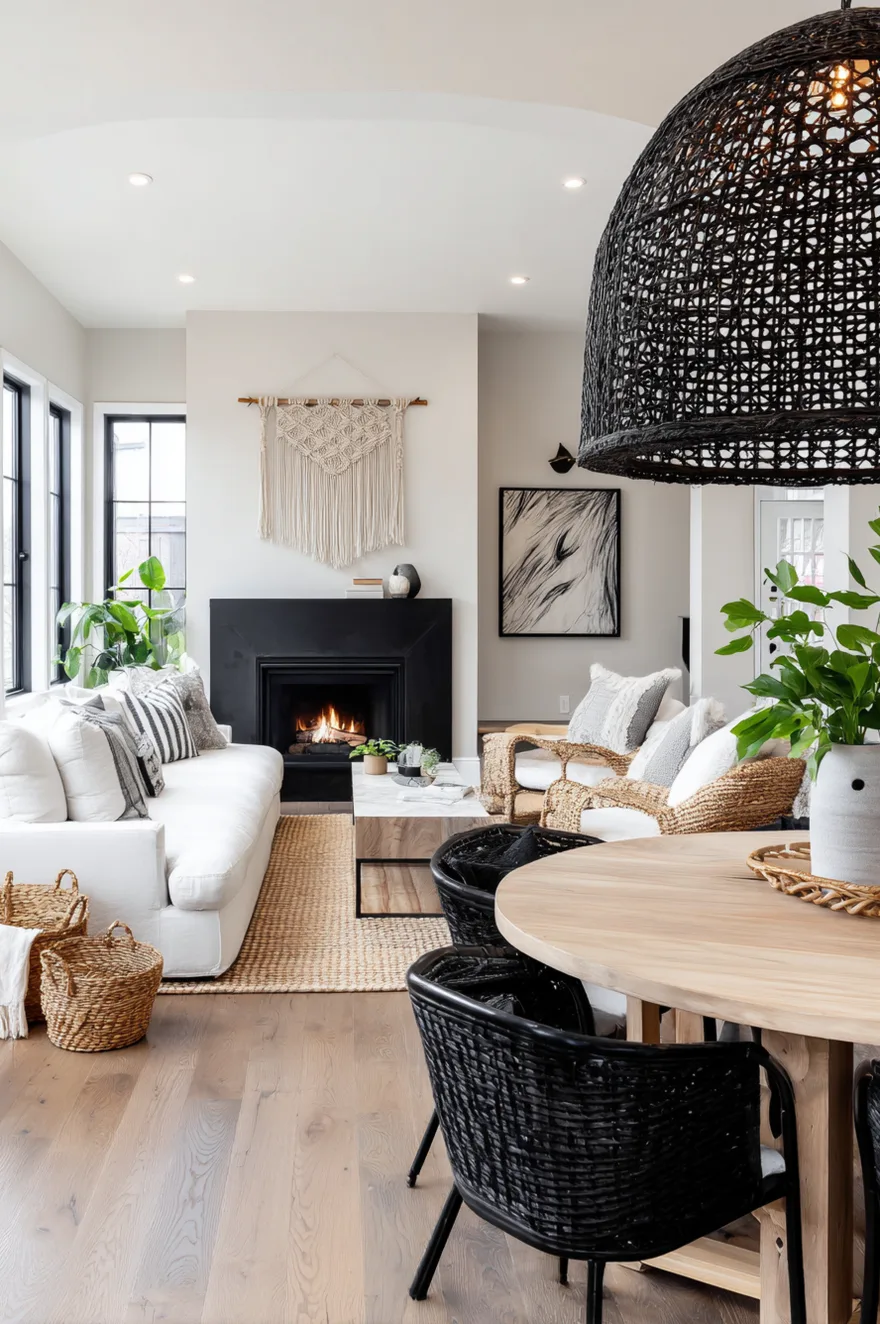 A close-up of a large, woven black pendant light fixture hanging from a white ceiling against a warm beige wall. The light is illuminated, casting soft patterns through the weave.