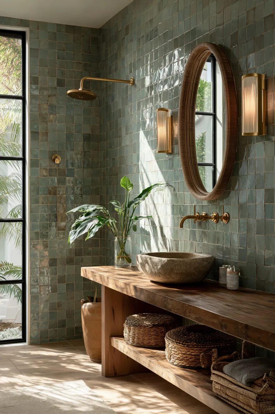 A view inside a walk in shower with black grid frame glass doors and walls lined with shimmering handmade look Zellige tiles in a soft rose pink color featuring black hardware and a small wood stool.