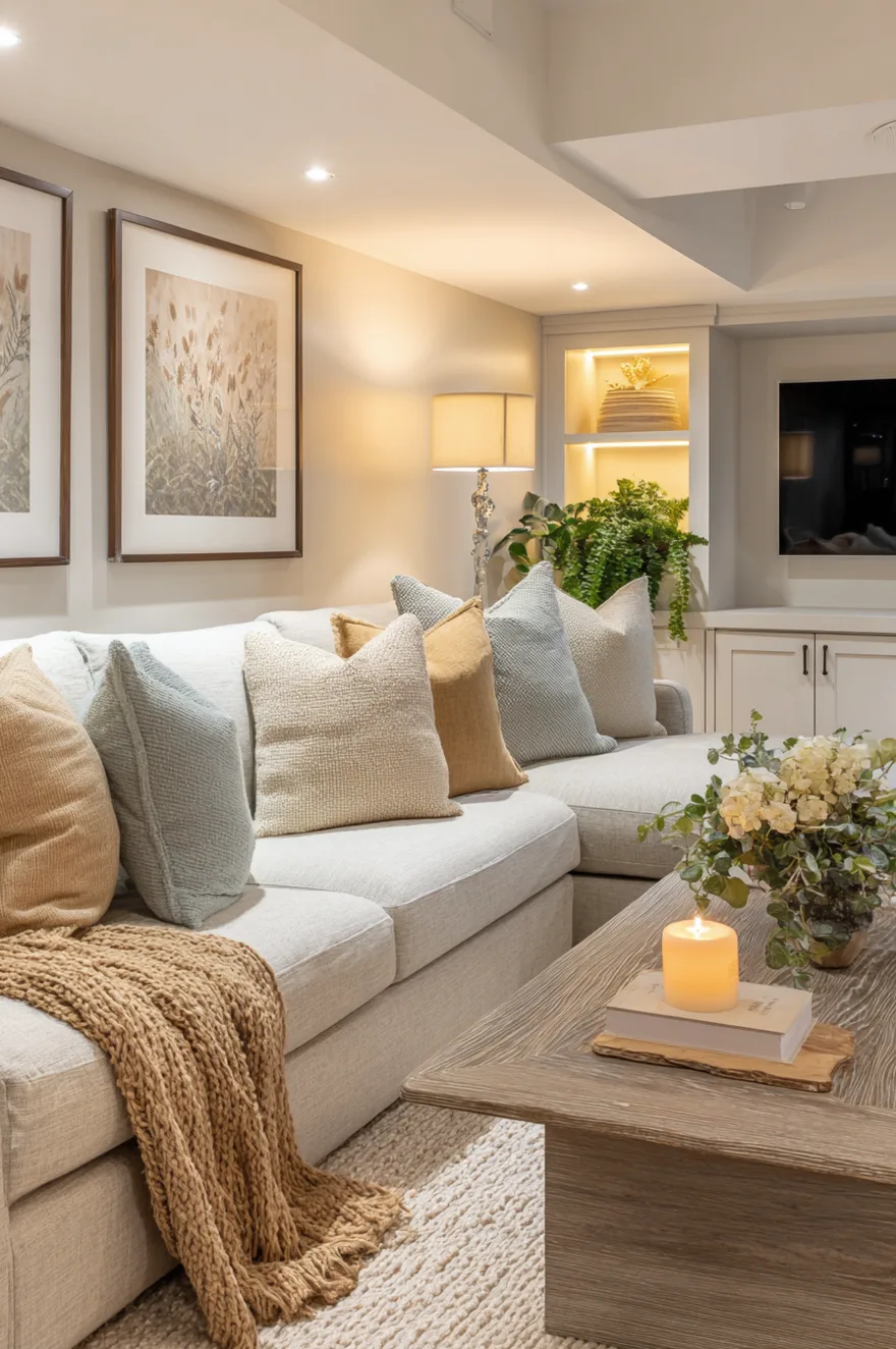 Cozy finished basement showing layered lighting with recessed lights on dimmer, floor lamp behind a cream sectional, and warm LED strip lighting under a floating media console.