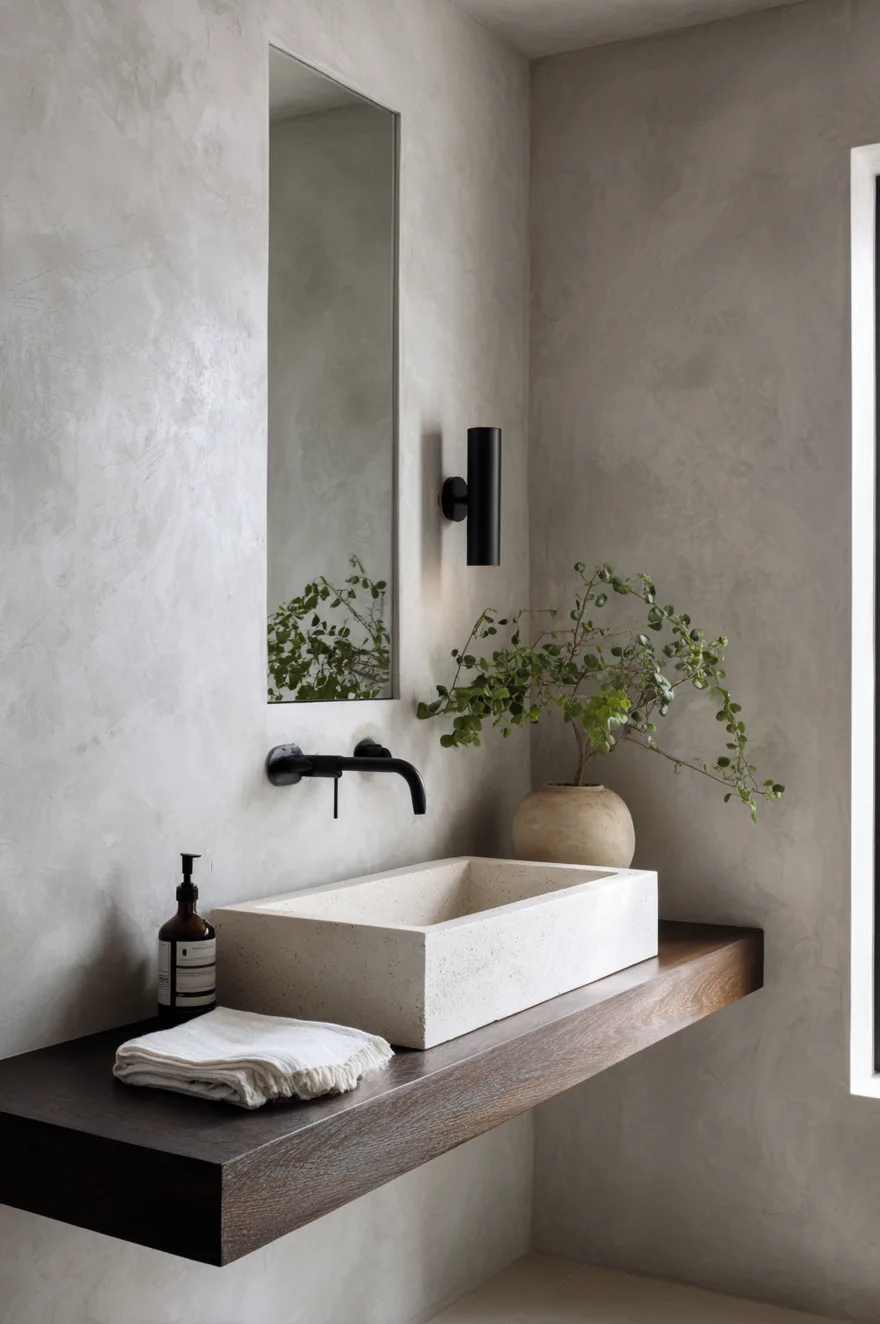Minimalist modern powder room with concrete-look plaster walls, a solid white stone basin on a smoked oak floating shelf, matte black faucet, and a single trailing plant.