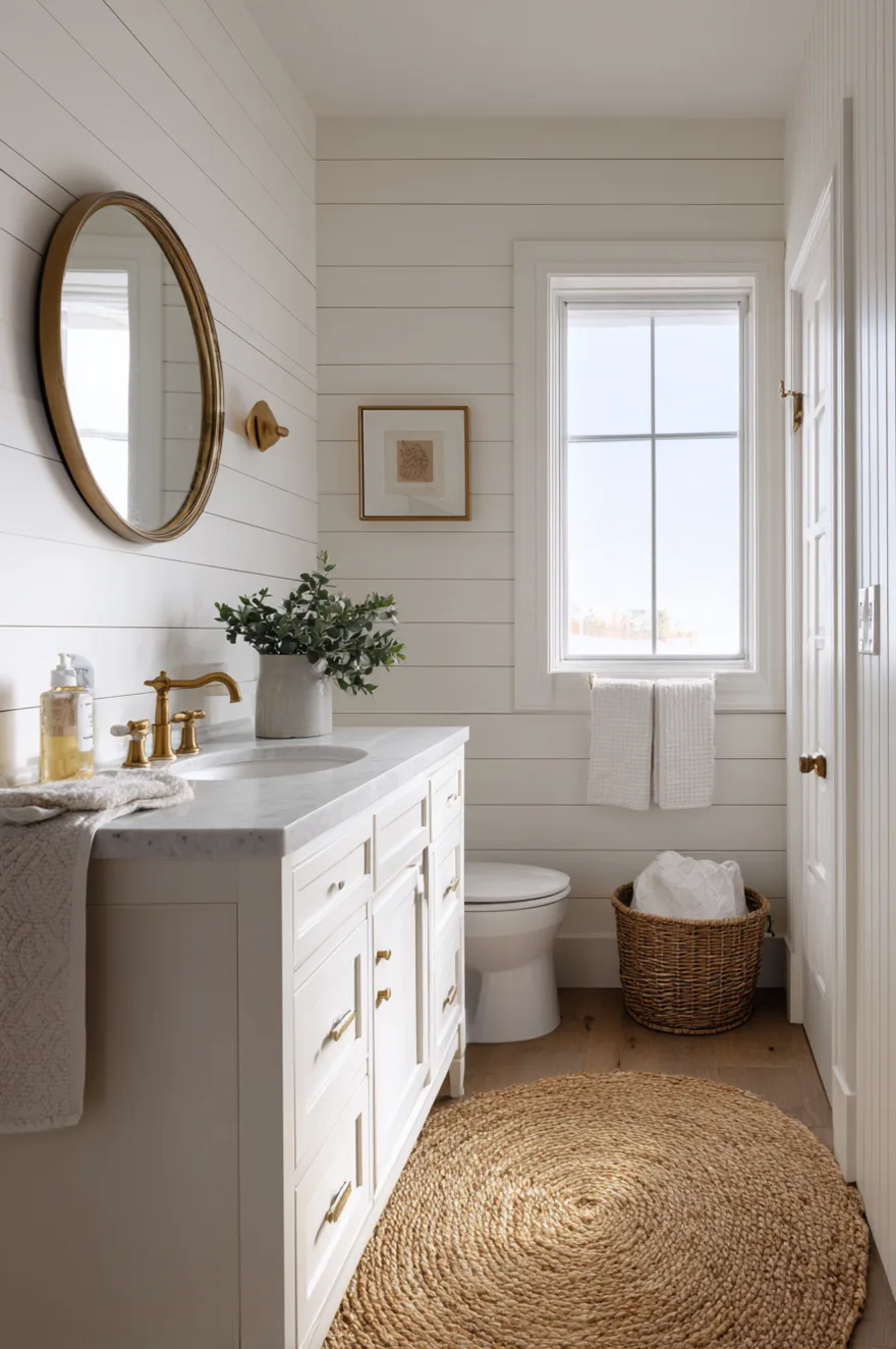 DIY shiplap bathroom walls painted Alabaster white with an IKEA Hemnes-style vanity painted warm white, a brass faucet, round mirror, woven jute bath mat, and natural daylight from a frosted window.