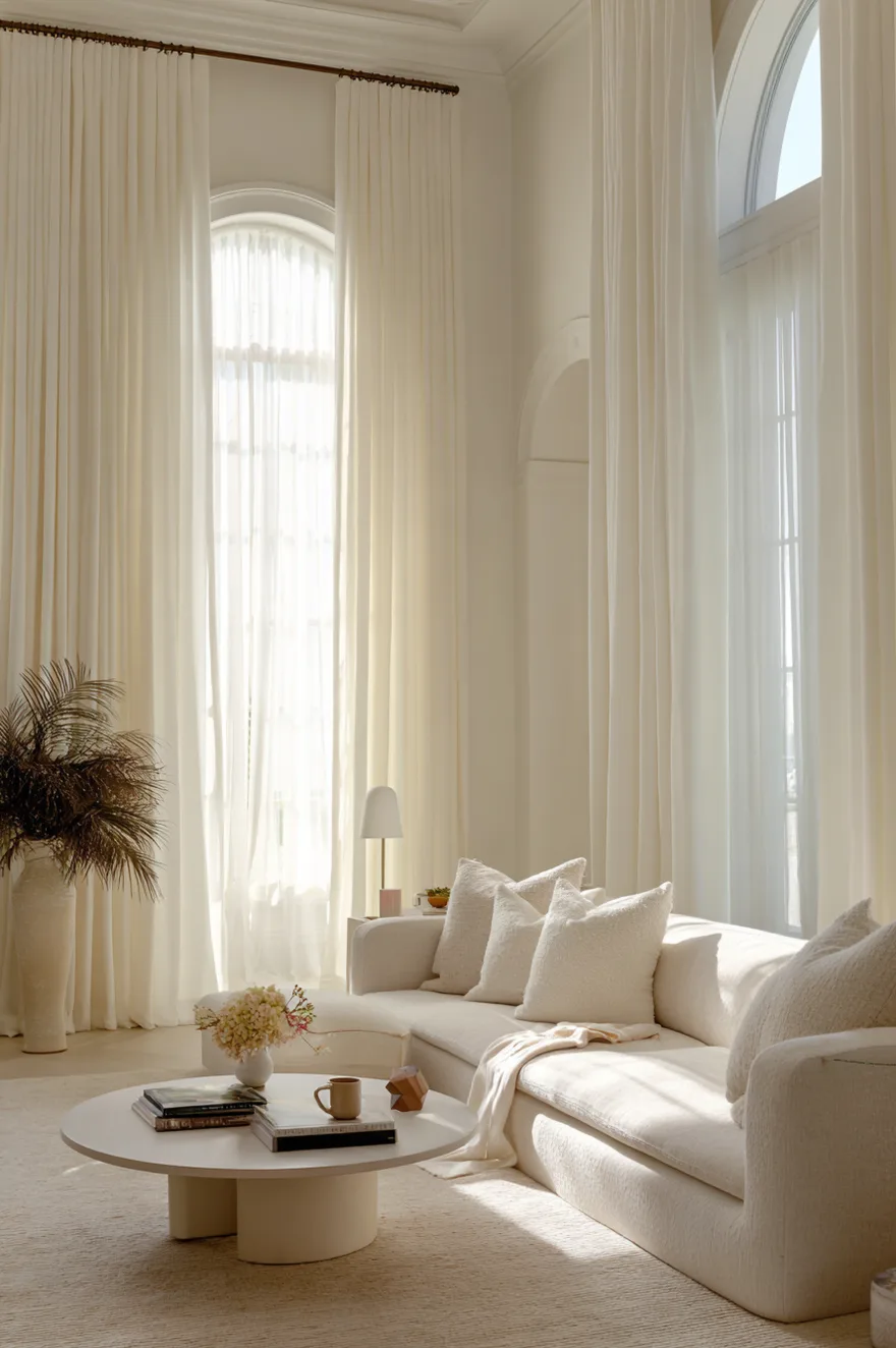 Minimalist living room with sheer linen curtain panels hung from ceiling to floor on 8-foot walls, cream linen sofa, simple round coffee table, and a coffee mug left on the side table.