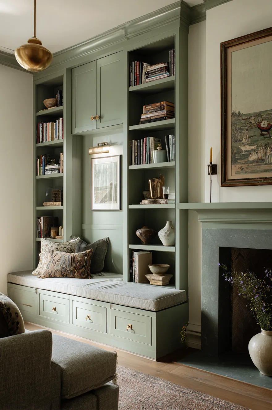 Recessed alcove beside a chimney breast converted into a sage green painted full-height shelf unit with a soapstone-look drinks ledge, glassware, a decanter, and books and ceramics on upper shelves.