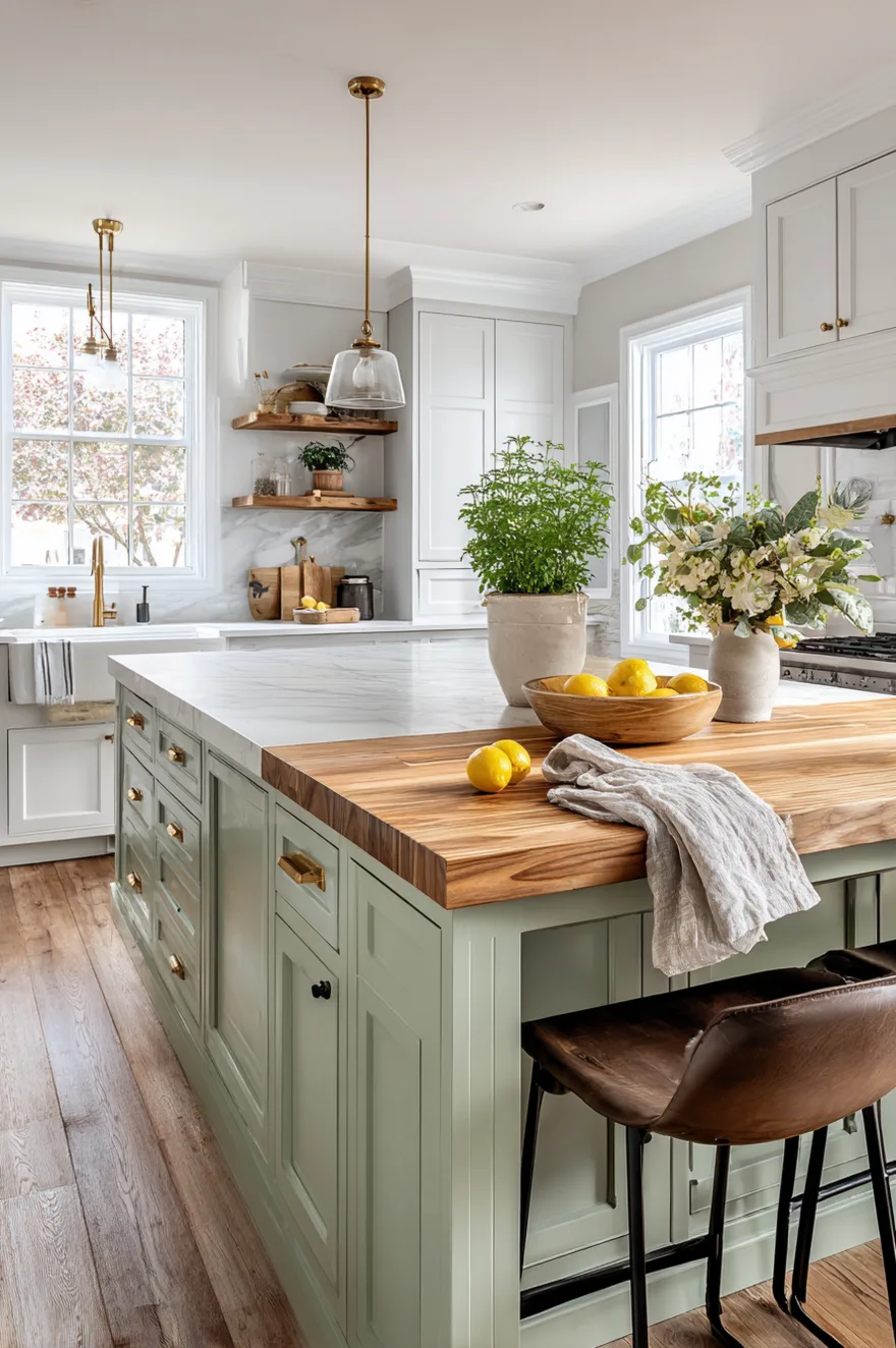 Large sage green kitchen island featuring a mix of wood butcher block and white marble countertops, brass drawer pulls, and a brown leather bar stool against white cabinetry.