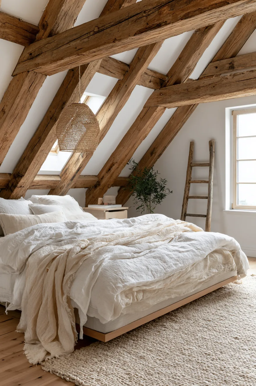 Rustic attic bedroom with heavy exposed old wood ceiling beams, a low bed with rumpled white linen sheets, a woven straw pendant light, and a wooden decorative ladder leaning by the window.