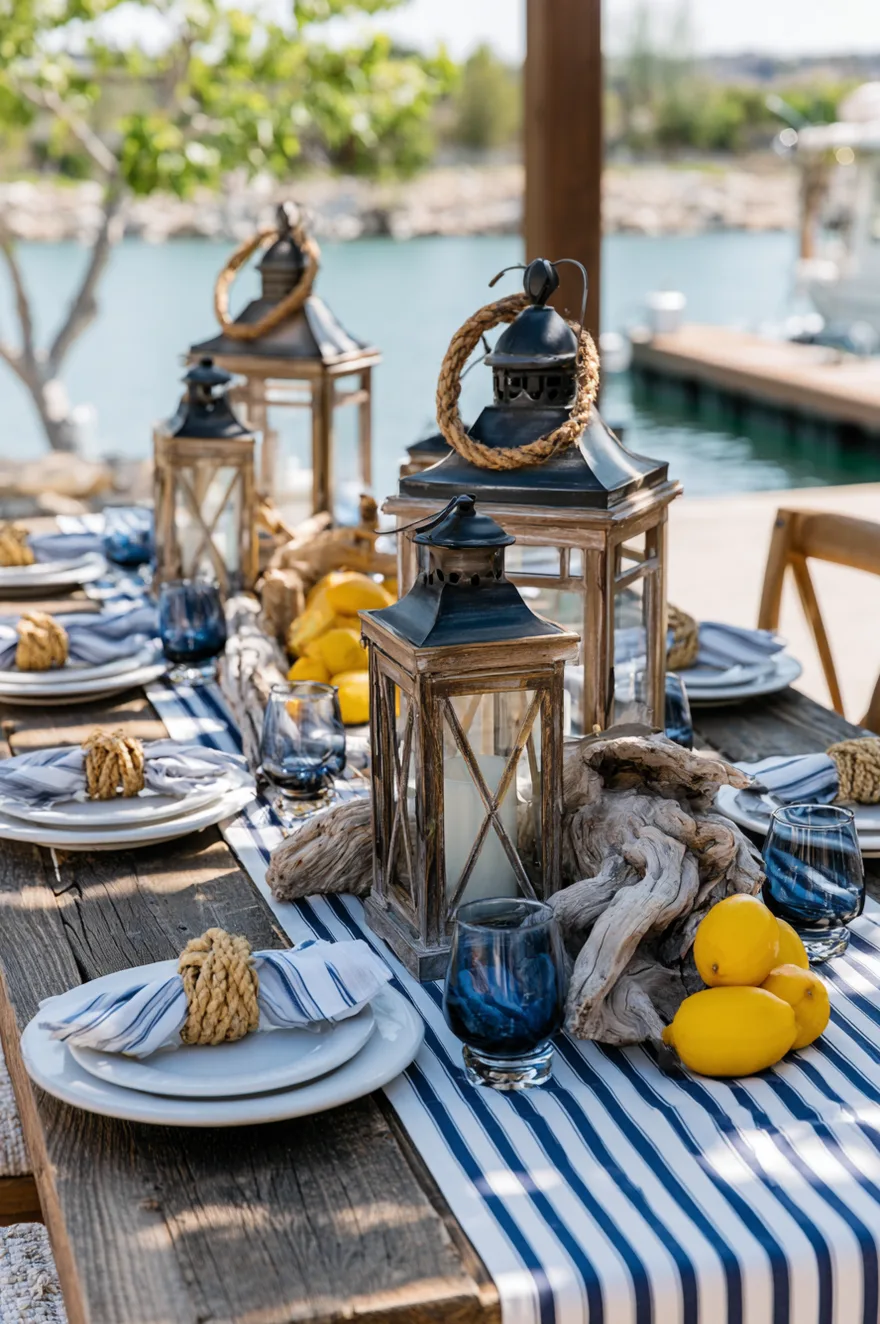 Coastal outdoor dining table featuring a blue and white striped runner, white plates, natural rope details, and fresh lemons.