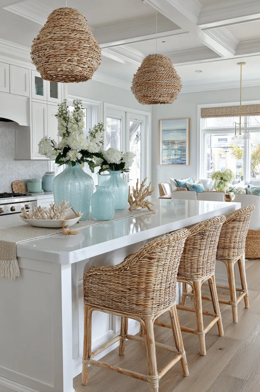 White shaker kitchen island with a light grey quartz countertop, featuring a large transparent blue glass vase with olive branches, a shallow woven seagrass basket filled with white seashells, and a folded white linen tea towel.