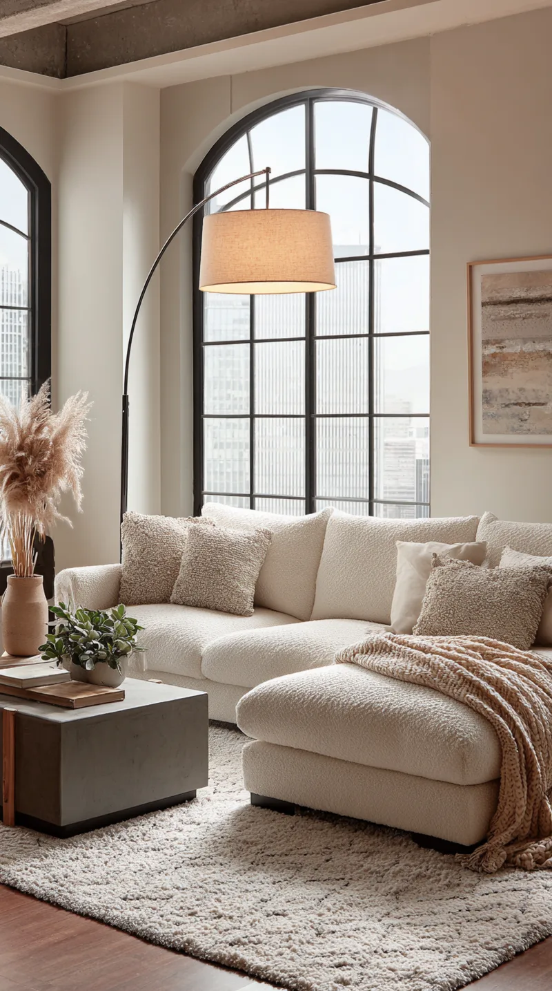 Tall fabric shade floor lamp placed in a dark living room corner to brighten the space and add height.