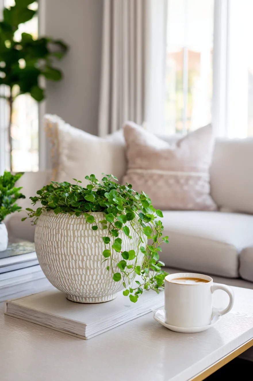 Small face shaped ceramic planter holding a delicate trailing ivy plant next to a stack of books.