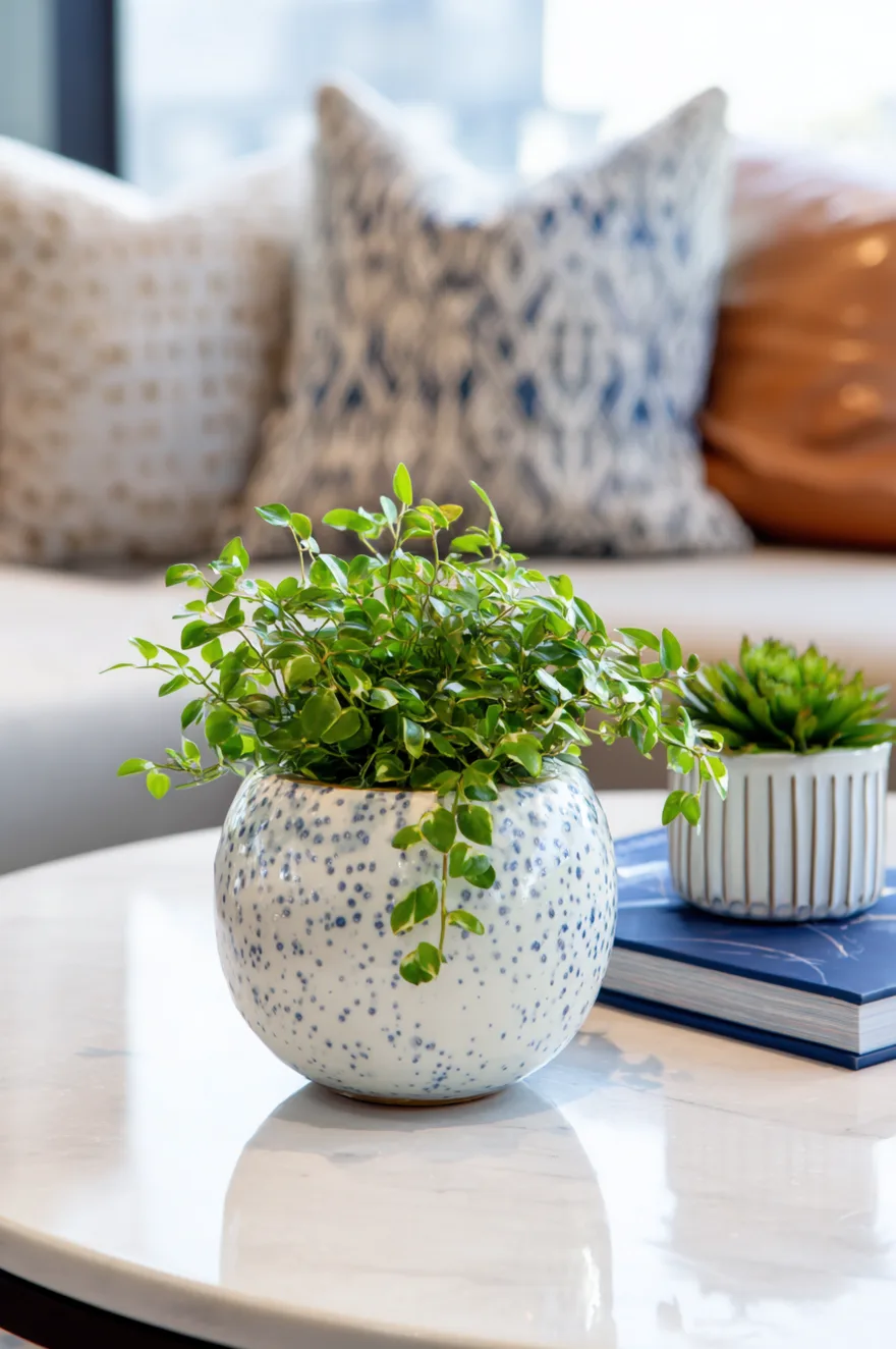 White ceramic bunny planter holding a trailing pothos plant on a round coffee table.