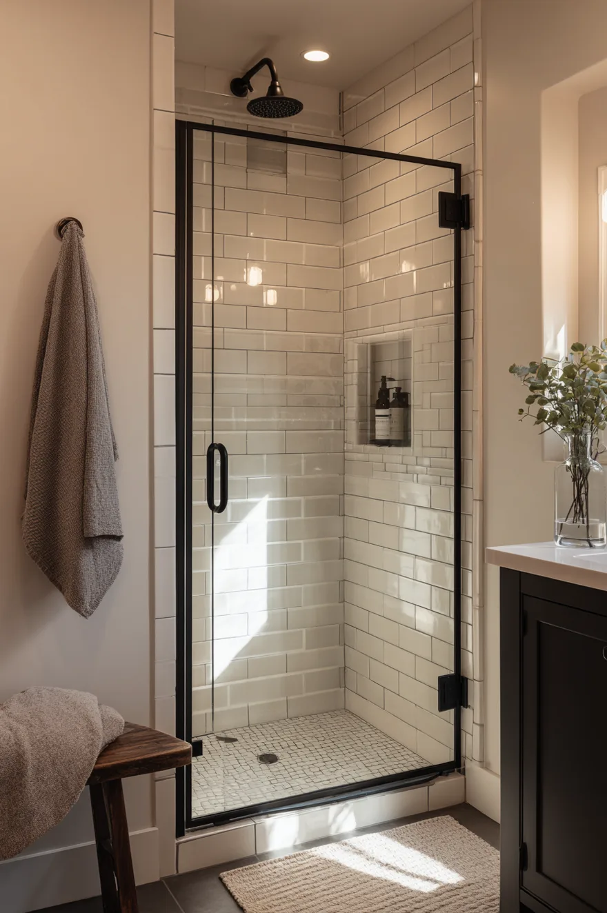 A walk in shower lined with white subway tiles and featuring a glass door with a black frame paired with matte black shower fixtures.
