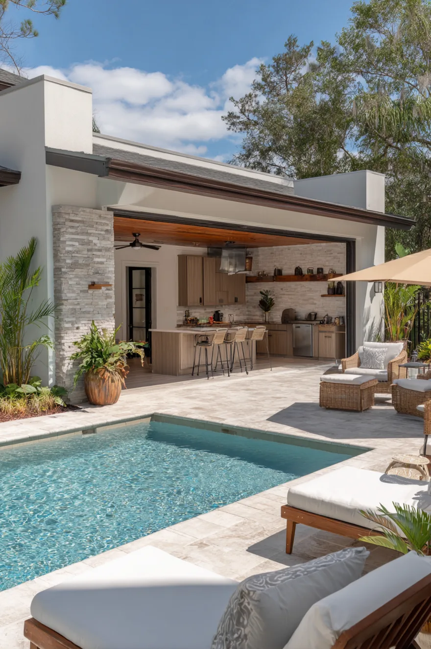 Open pool house with a bright white bar, woven counter stools, a built-in stainless steel grill, and large sliding windows connecting to a swimming pool area.