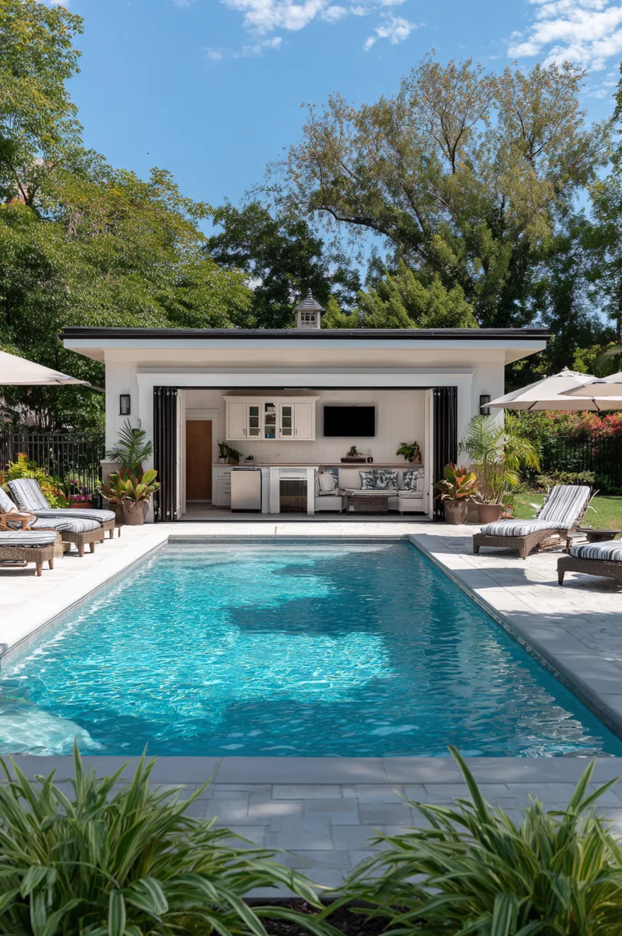 Modern outdoor kitchen attached to a pool house featuring dark cabinetry, smooth concrete counters, warm wood accents, and a sleek black pergola over a patio.