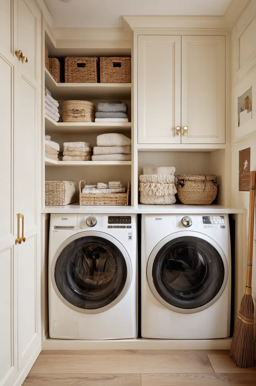 Floor to ceiling built-in laundry cabinets surrounding a washer and dryer to maximize vertical storage.