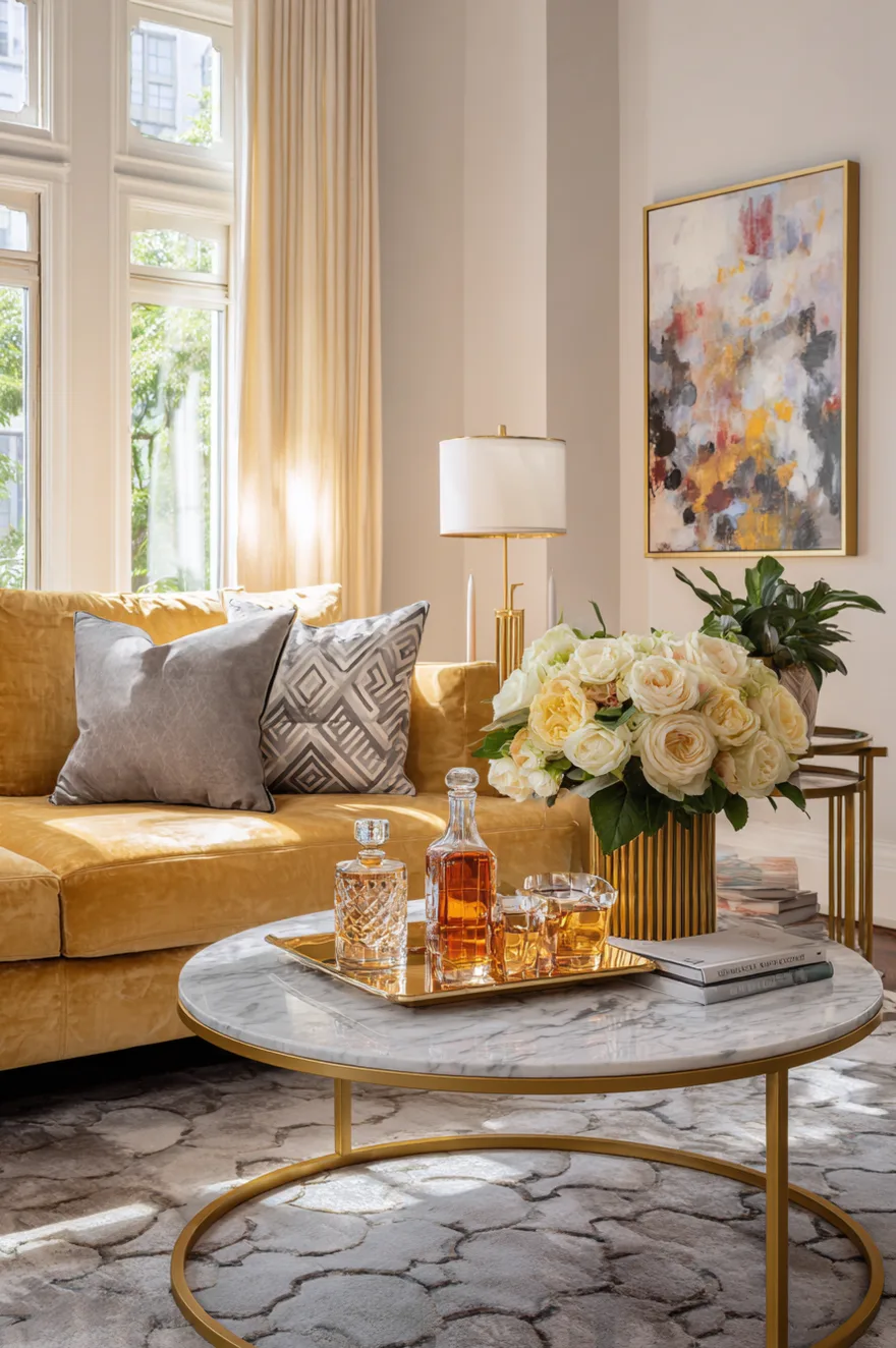 Elegant sitting room area featuring a round white marble coffee table with a gold frame, a gold tray with crystal liquor decanters, a mustard yellow velvet sofa, and a vase of white roses.