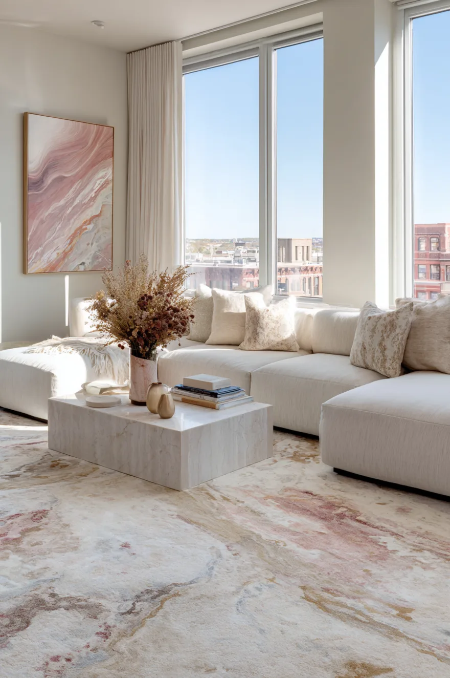 A brightly lit living room with a white modern sectional sofa and a square marble coffee table sitting on a large abstract patterned carpet featuring swirling soft pink, cream, and beige tones.