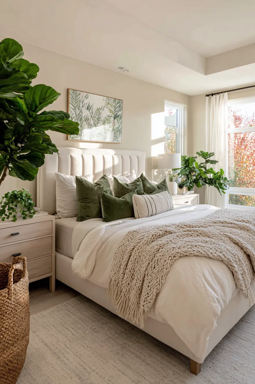 Bedroom ideas master layout featuring a large snake plant in the corner and small potted plants on the dresser.