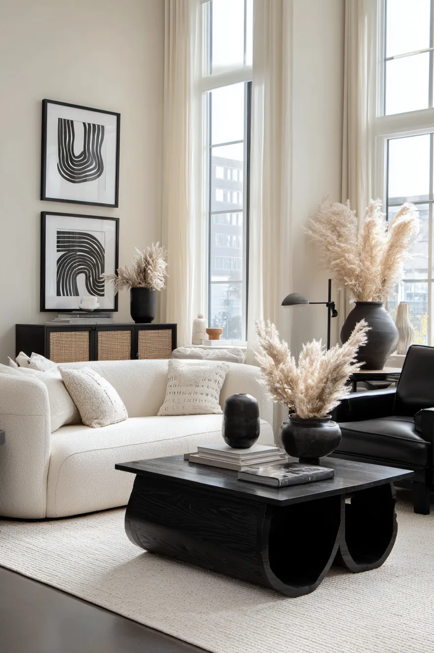 A large framed piece of bold black and white graphic art featuring abstract organic shapes. The artwork is hanging on a light beige wall, framed in a simple black frame.