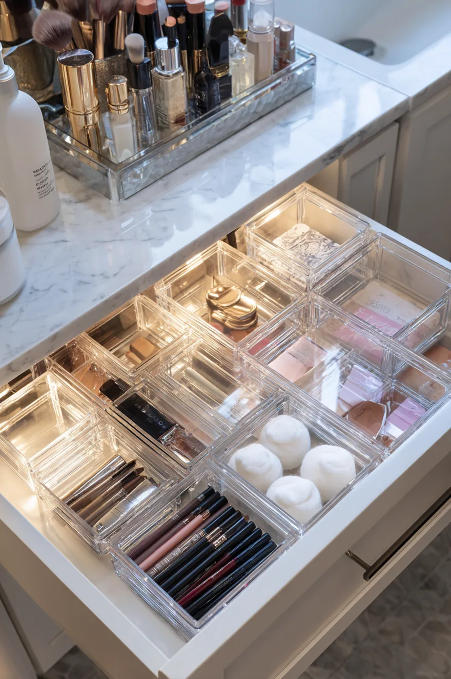 Bathroom drawer pulled open to reveal clear acrylic organizer trays neatly dividing and storing an assortment of makeup, brushes, and daily skincare products.