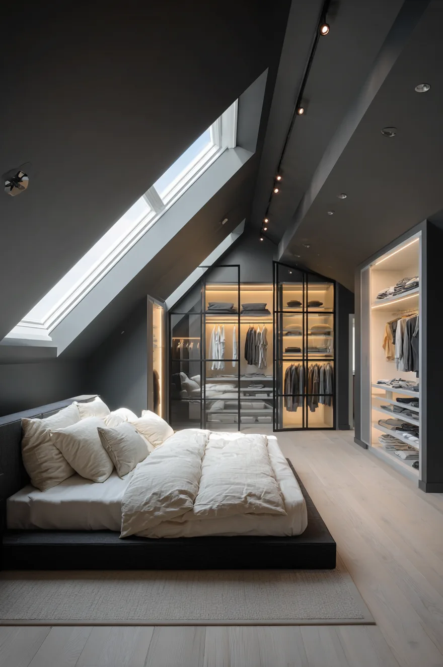A moody attic bedroom painted in dark charcoal gray, featuring a low platform bed with white bedding under a slanted ceiling with two large skylights. Built-in glass wardrobes with warm interior lighting display clothing.
