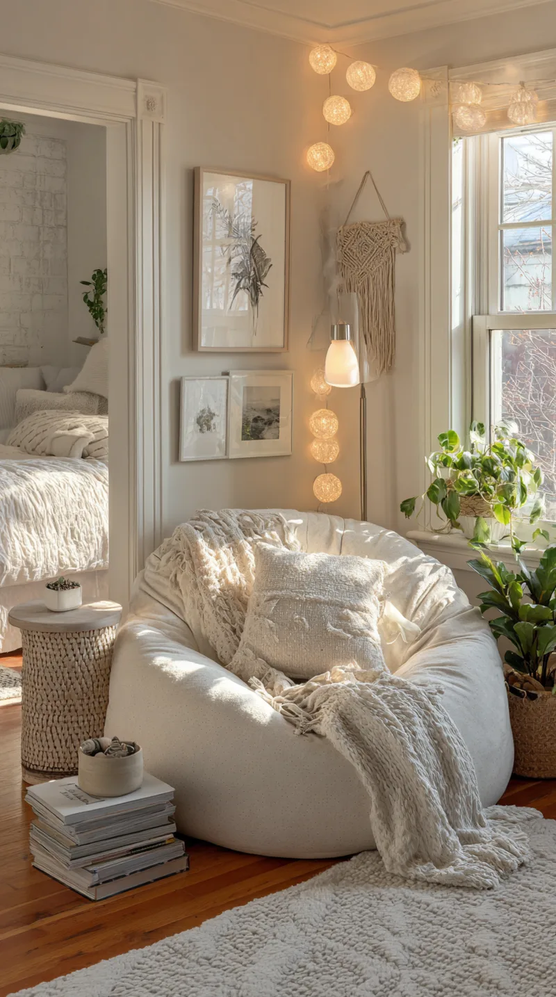 Cozy corner reading nook in a teen bedroom with a comfortable chair, floor lamp, and a small side table for books.