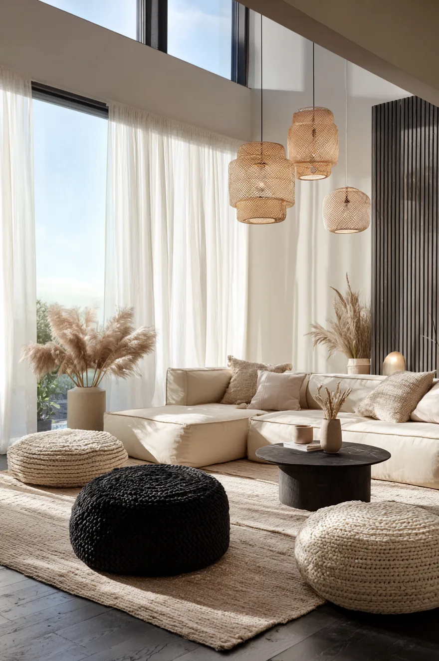 A round grey chunky knit pouf and a square beige woven floor cushion sitting on a textured area rug next to a mid-century modern style sofa with wood legs.