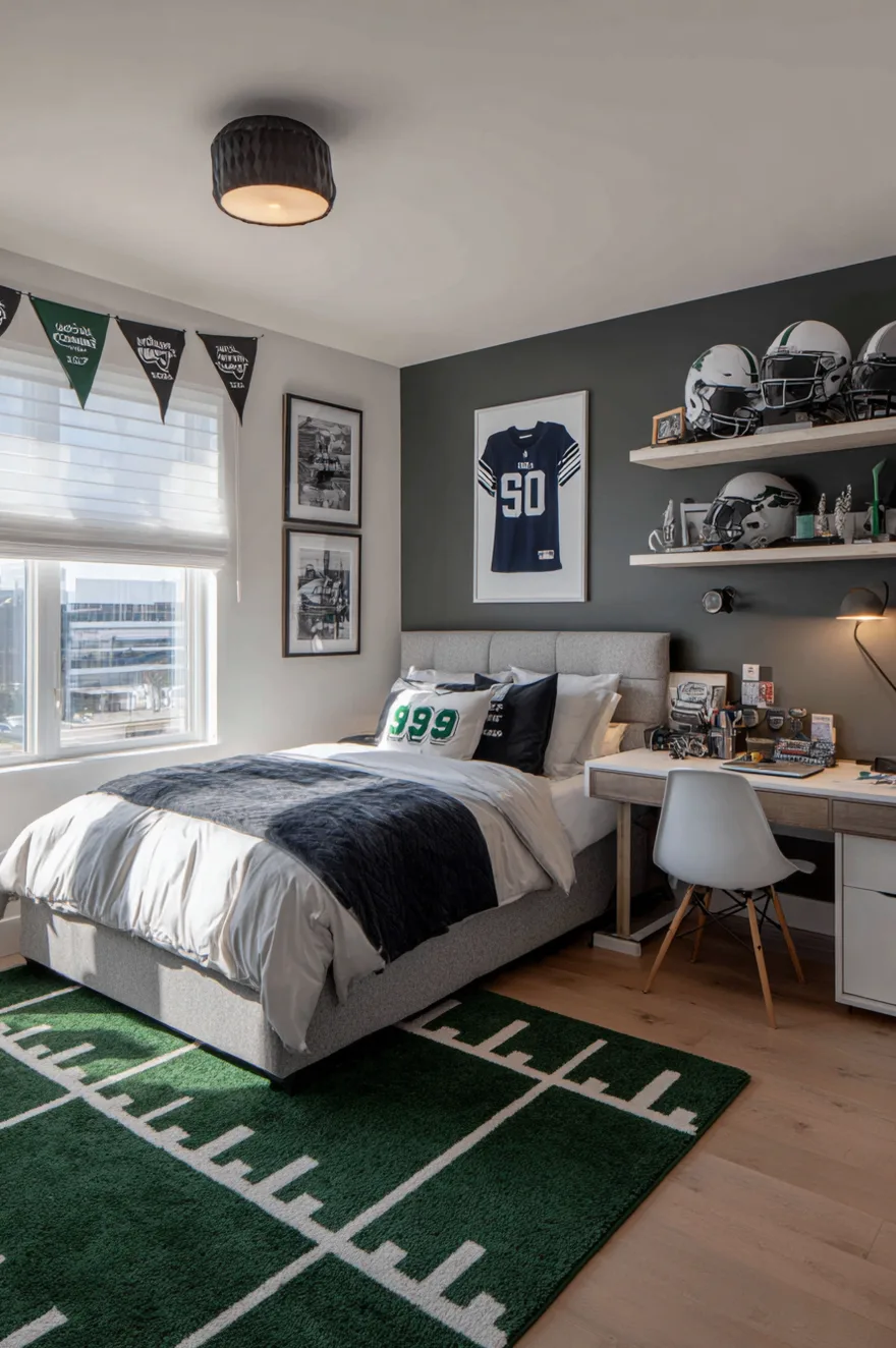 Boys bedroom featuring a dark grey accent wall with a framed football jersey, a grey upholstered bed over a green football field area rug, and floating shelves displaying silver and green football helmets.