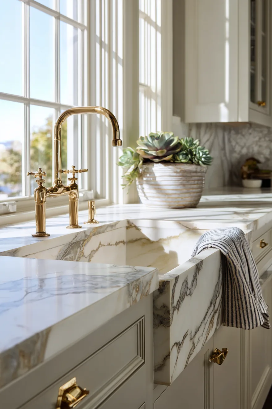 Marble farmhouse sink integrated seamlessly into matching white marble countertops with bold grey veining, featuring a bridge-style brass faucet and grey cabinetry with brass hardware.
