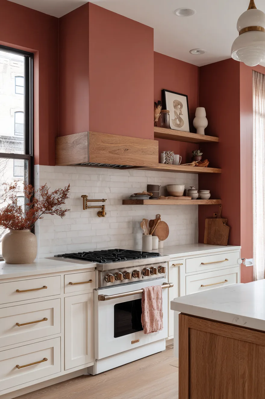 Bold kitchen featuring deep terracotta red lower cabinets paired with warm white upper shelving.