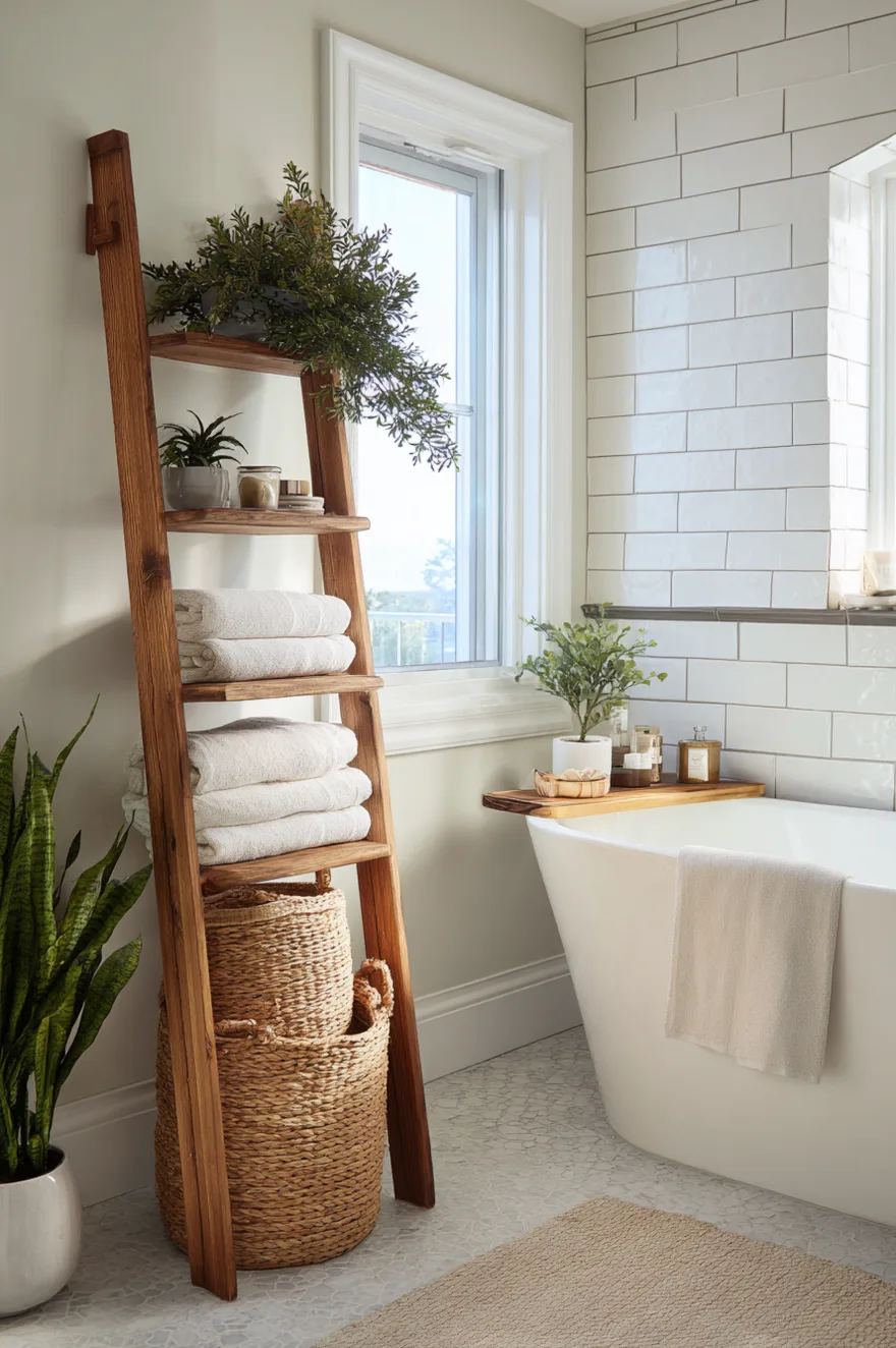 Wooden ladder shelf leaning against a white tiled bathroom wall holding towels and woven baskets.