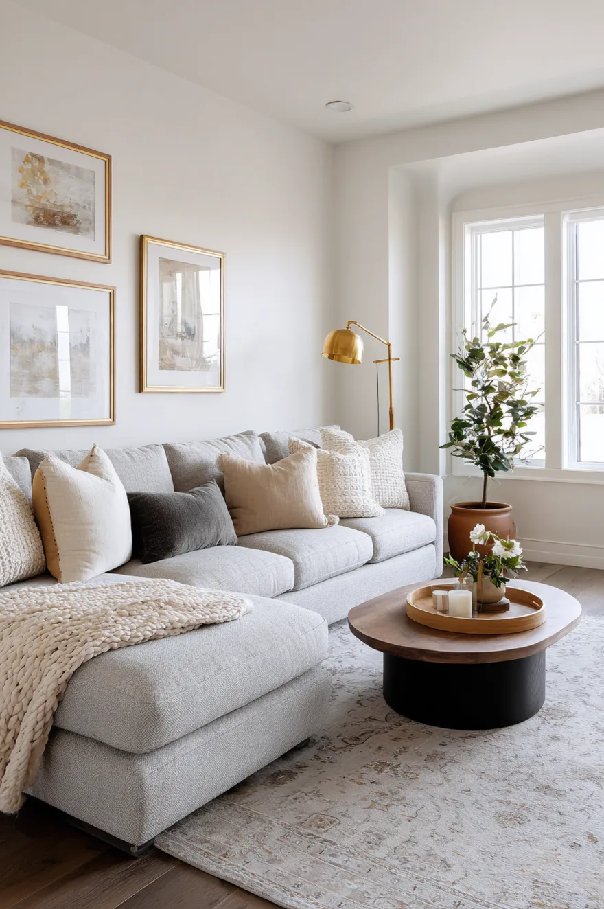Light gray chaise sectional sofa decorated with cream, tan, and dark grey pillows alongside a chunky knit blanket, set over a subtle patterned rug near an oval wood coffee table and a potted tree.