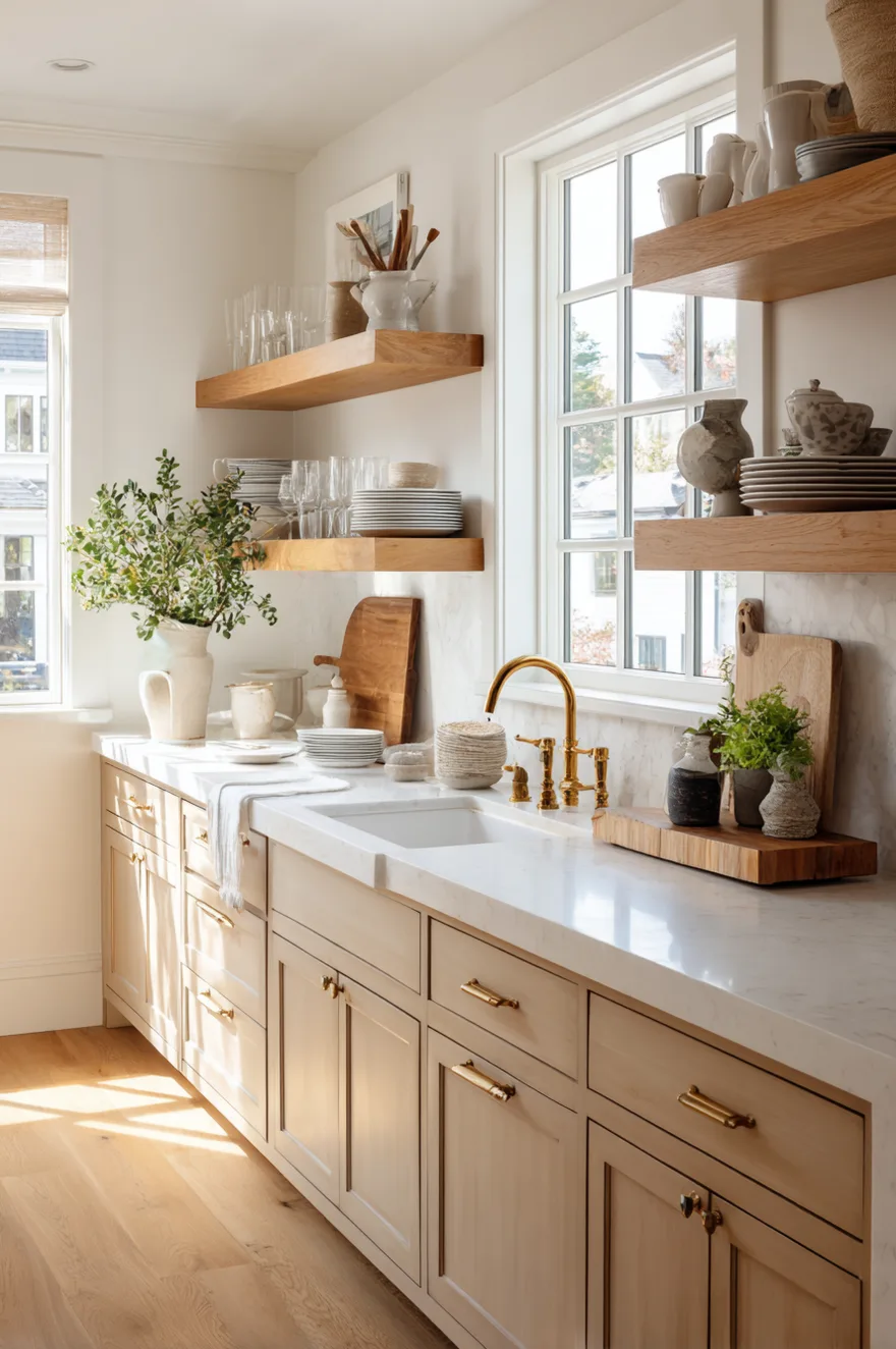 Light beige lower kitchen cabinets with gold hardware, topped with a white marble counter and sink with a gold faucet, featuring light wood floating shelves instead of upper cabinets holding stacked dishes and glassware.