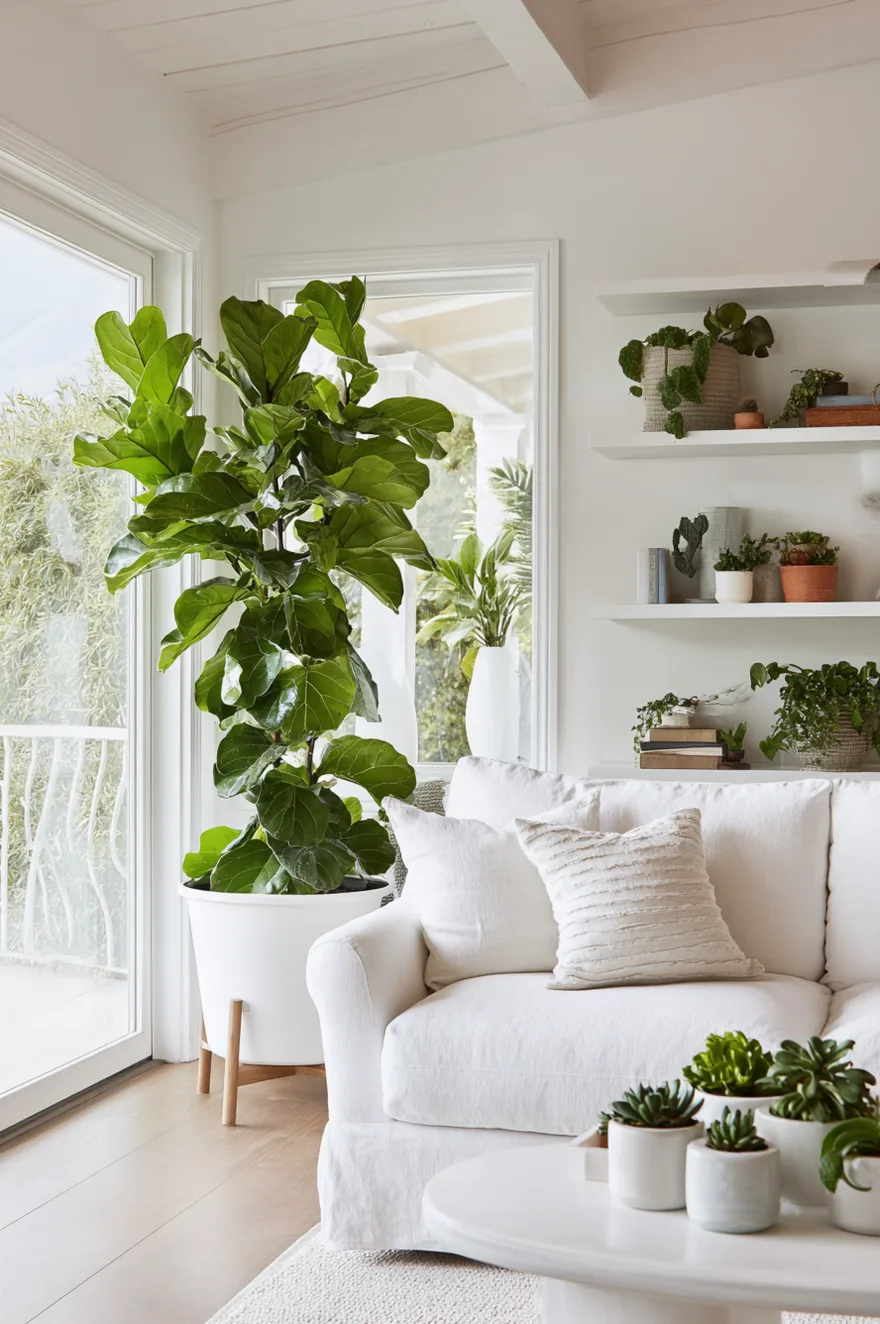 Bright white living room corner filled with a large fiddle leaf fig tree and trailing pothos plants.