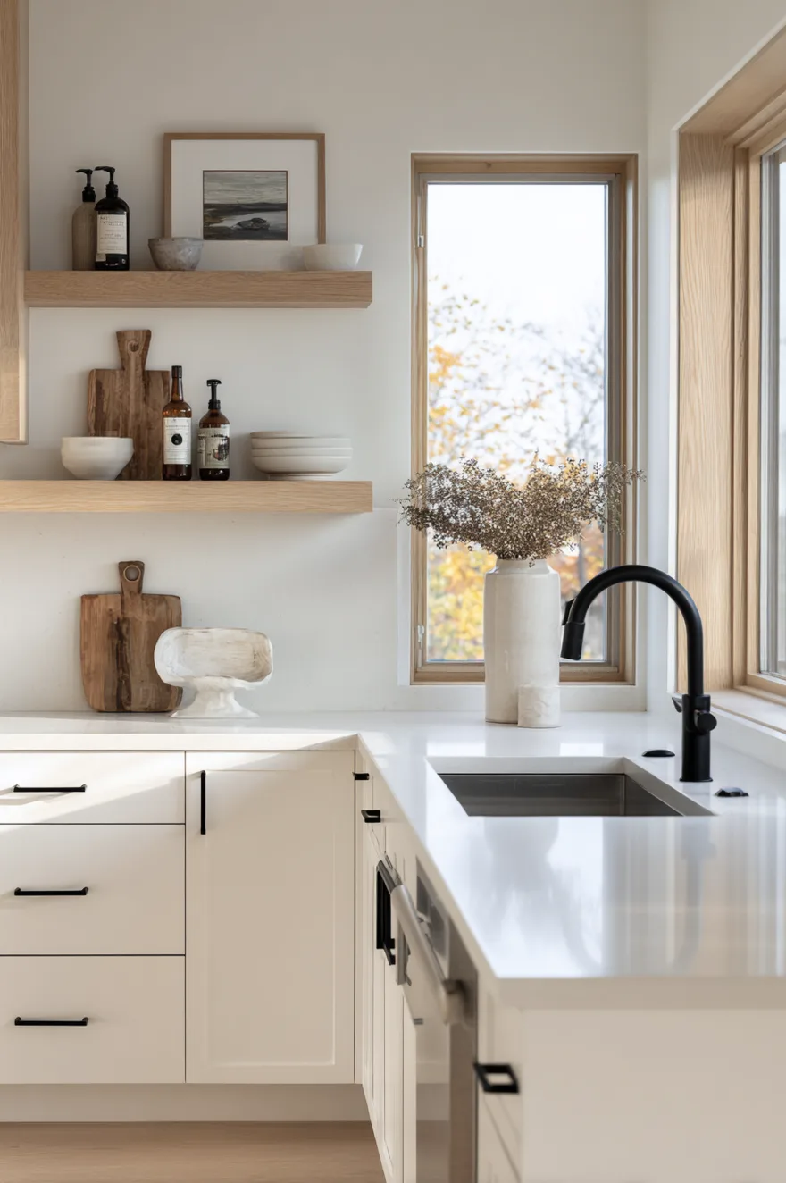 Modern matte black kitchen faucet and hardware contrasting with white countertops and light wood shelves.