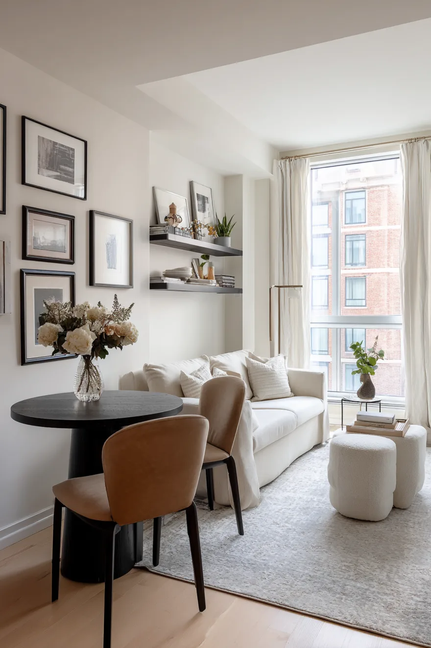 A bright small apartment space featuring a white sofa with white textured poufs and a small black round dining table paired with two tan chairs next to a gallery wall.