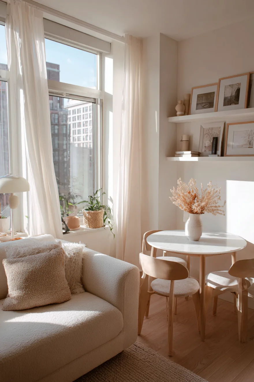 A sunlit corner of a small apartment showcasing a cozy white sofa next to a small round white marble dining table with light wood chairs and floating shelves displaying art.