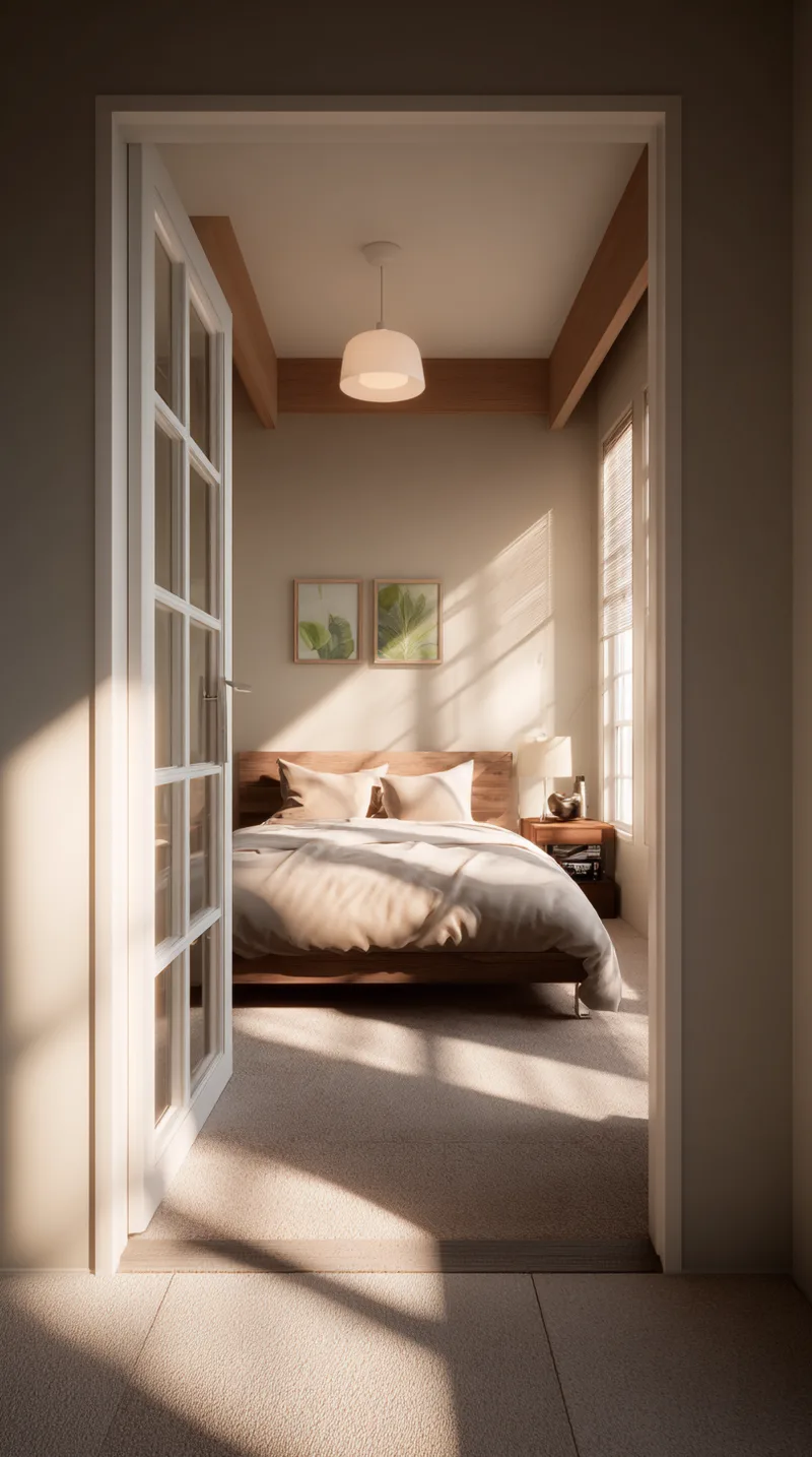 Small bedroom layout viewed through an open door, featuring a wooden bed centered against the far wall with a window on the right.