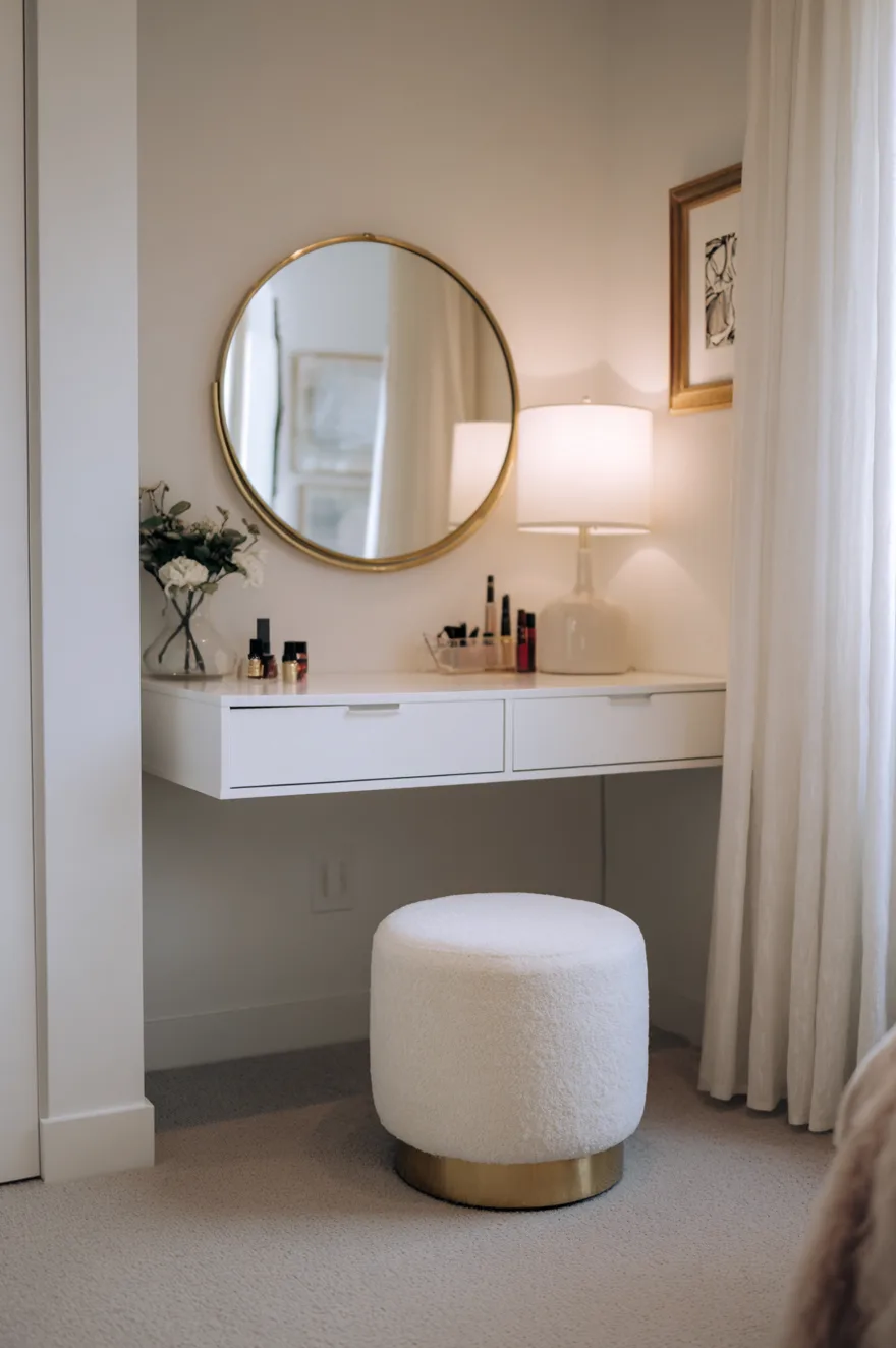 Compact white floating vanity desk with two drawers mounted in a small corner, topped with a round brass-framed mirror, a small white lamp, and paired with a white textured boucle stool featuring a gold base.