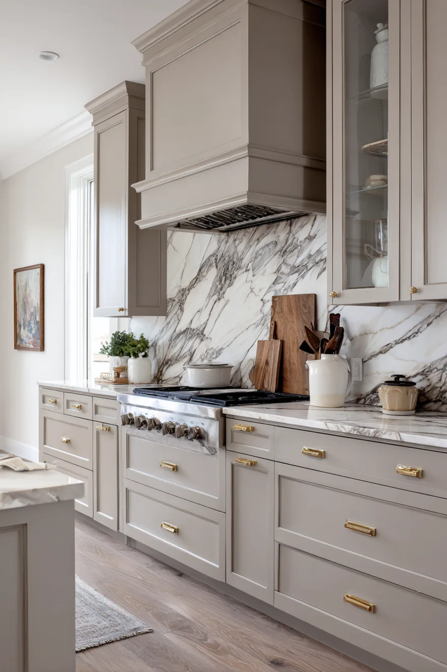 Warm taupe shaker kitchen cabinets featuring a full-height seamless white marble slab backsplash with grey veining that matches the countertop accented by brass hardware.